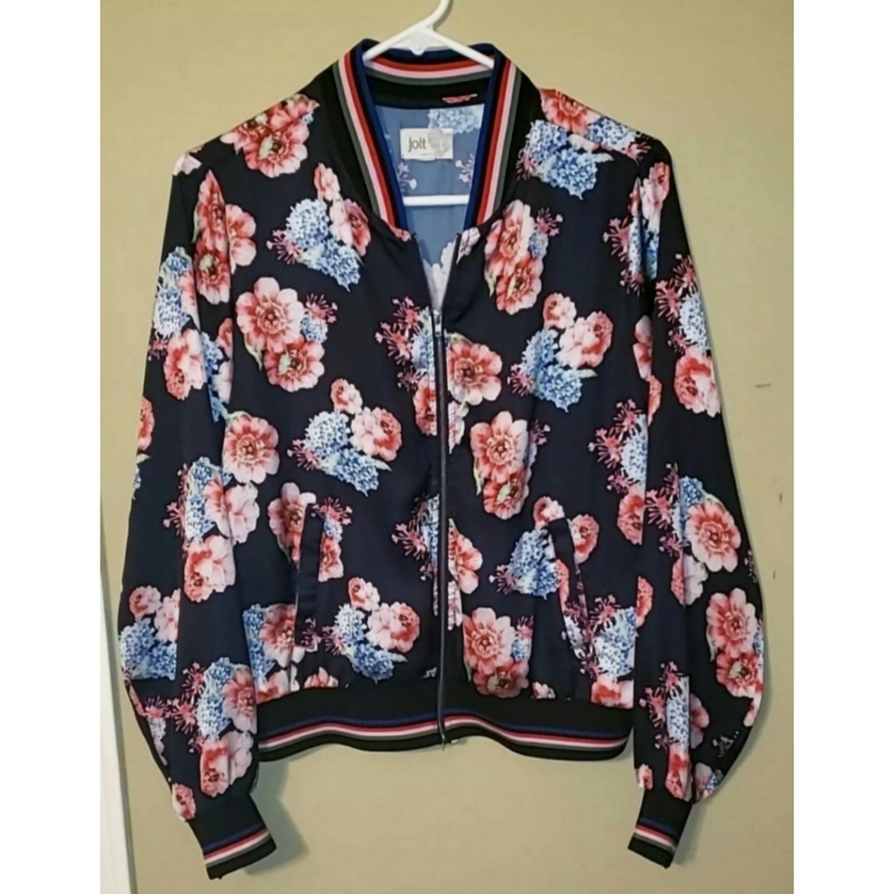 Jolt FullZip Bomber Jacket L Blk Pink/Blue Flowers